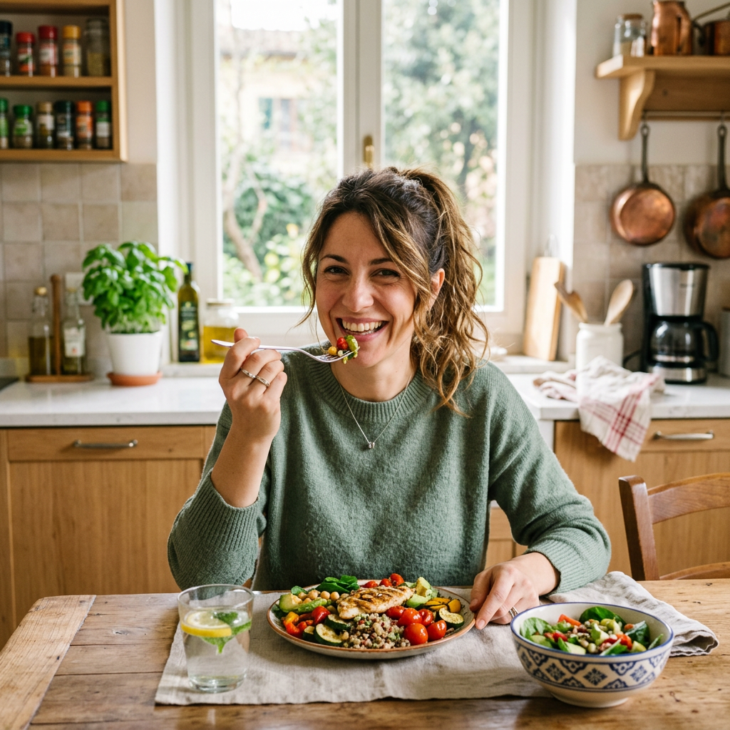 Woman eating a healthy plate of grilled chicken and vegetables at a kitchen table
