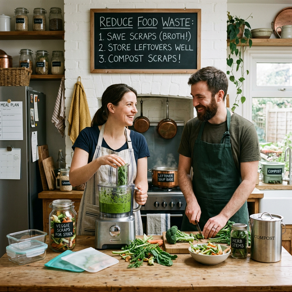 Couple making green sauce and chopping vegetables to reduce food waste