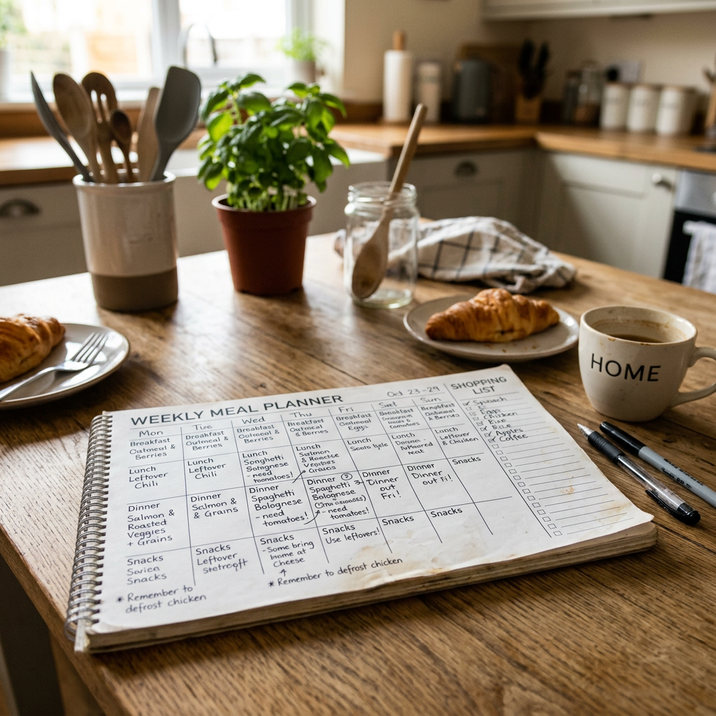 Weekly meal planner notebook on kitchen table with croissants, coffee mug, utensils, and potted plant