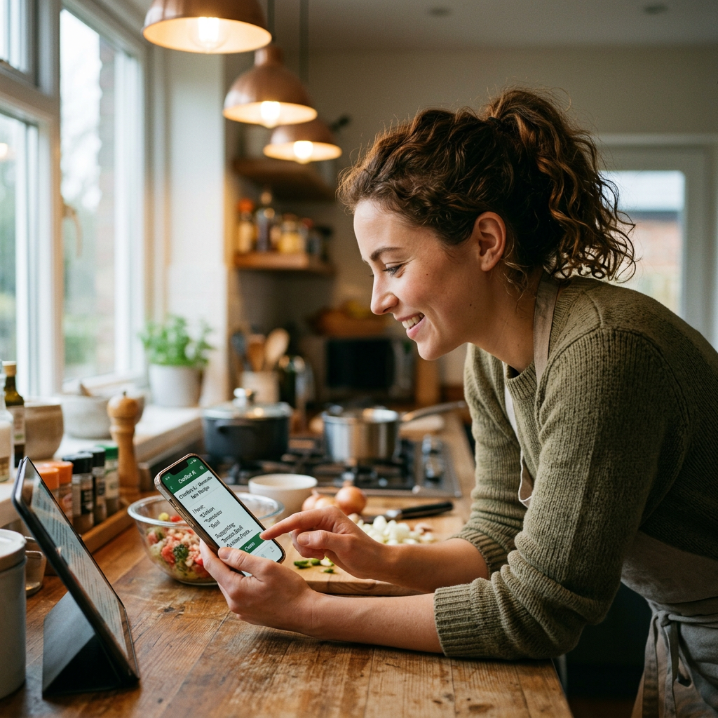 Woman using AI app to create recipes