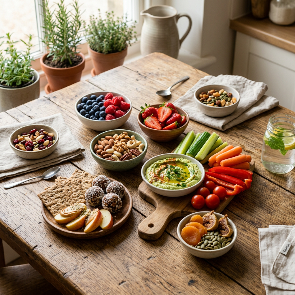 Assorted healthy snacks on wooden table